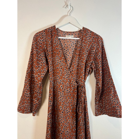 Outerknown Rhiannon Brown Floral Midi Wrap Dress Sz. XS Silk Hemp Relaxed Fit - Picture 3 of 12